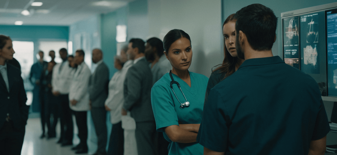 medical professionals in a hallway